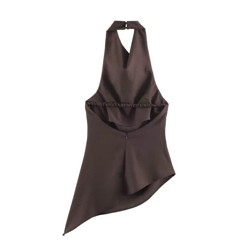 Wome's Slim fit and backless Hanging Neck Tops New Sexy Folds Asymmetry Hem Elastic Top Fashion Casual Female Backless Top