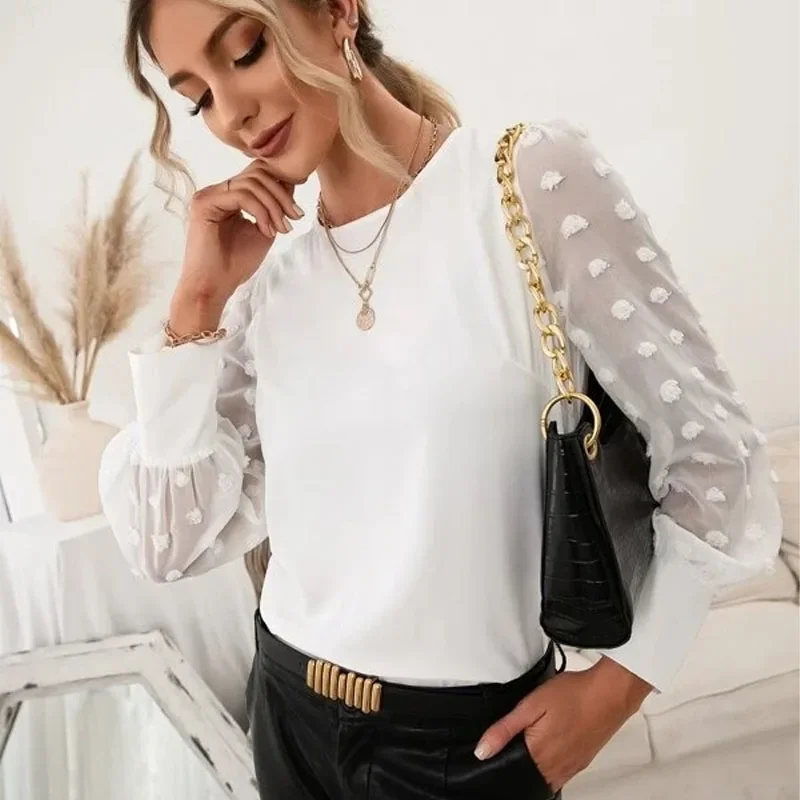 2023 Autumn Winter New Women\'s Fashion Elegant Splice Comfortable Versatile Round Neck Solid Jacquard Dot Long Sleeve Shirt