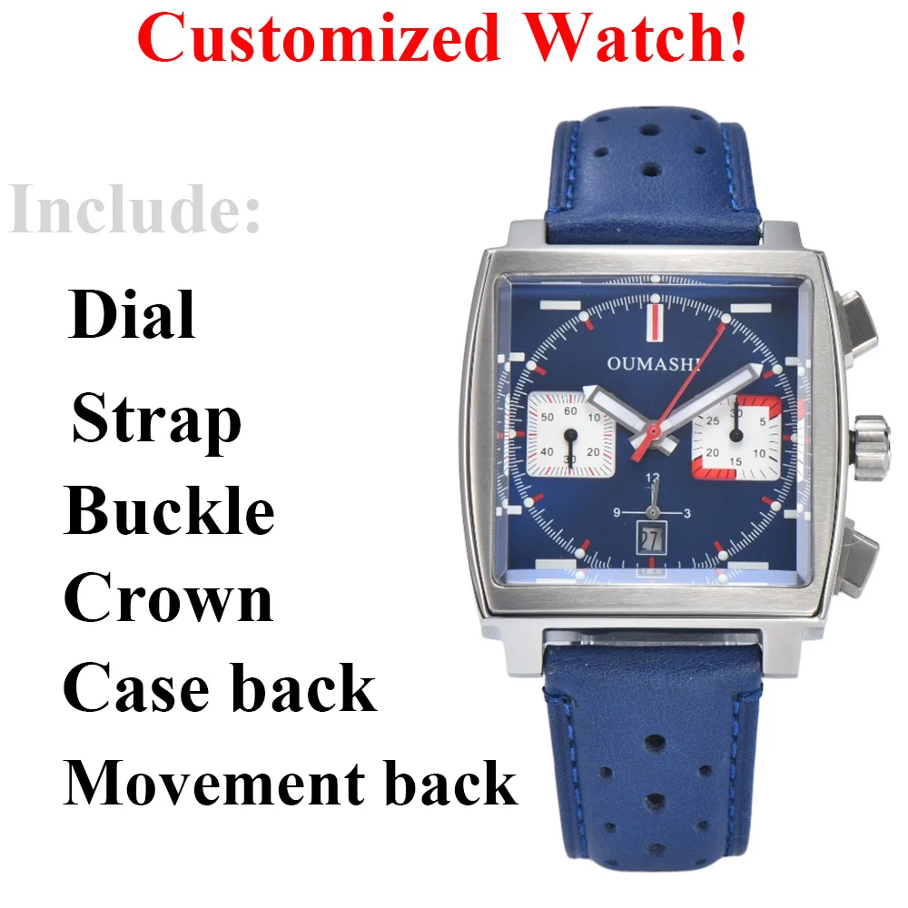 40mm square watch ETA 7750 Customized logo luminous stainless steel watch multifunctional timing movement luxury men's watch