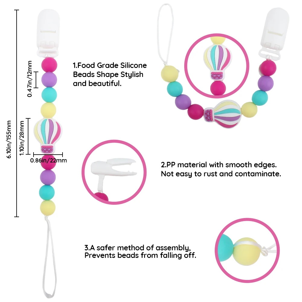 Attache-sucette en silicone pour bébé, perles de qualité alimentaire, montgolfière, TeWindsor, anti-perte des continents, cadeau de dentition