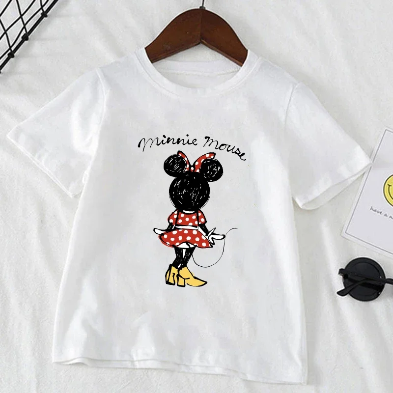 Cute Minnie Mickey Mouse Print Kids T-shirt Summer Short Sleeve White Color Tops Tees Harajuku Boys Girls Disney Tshirts Clothes