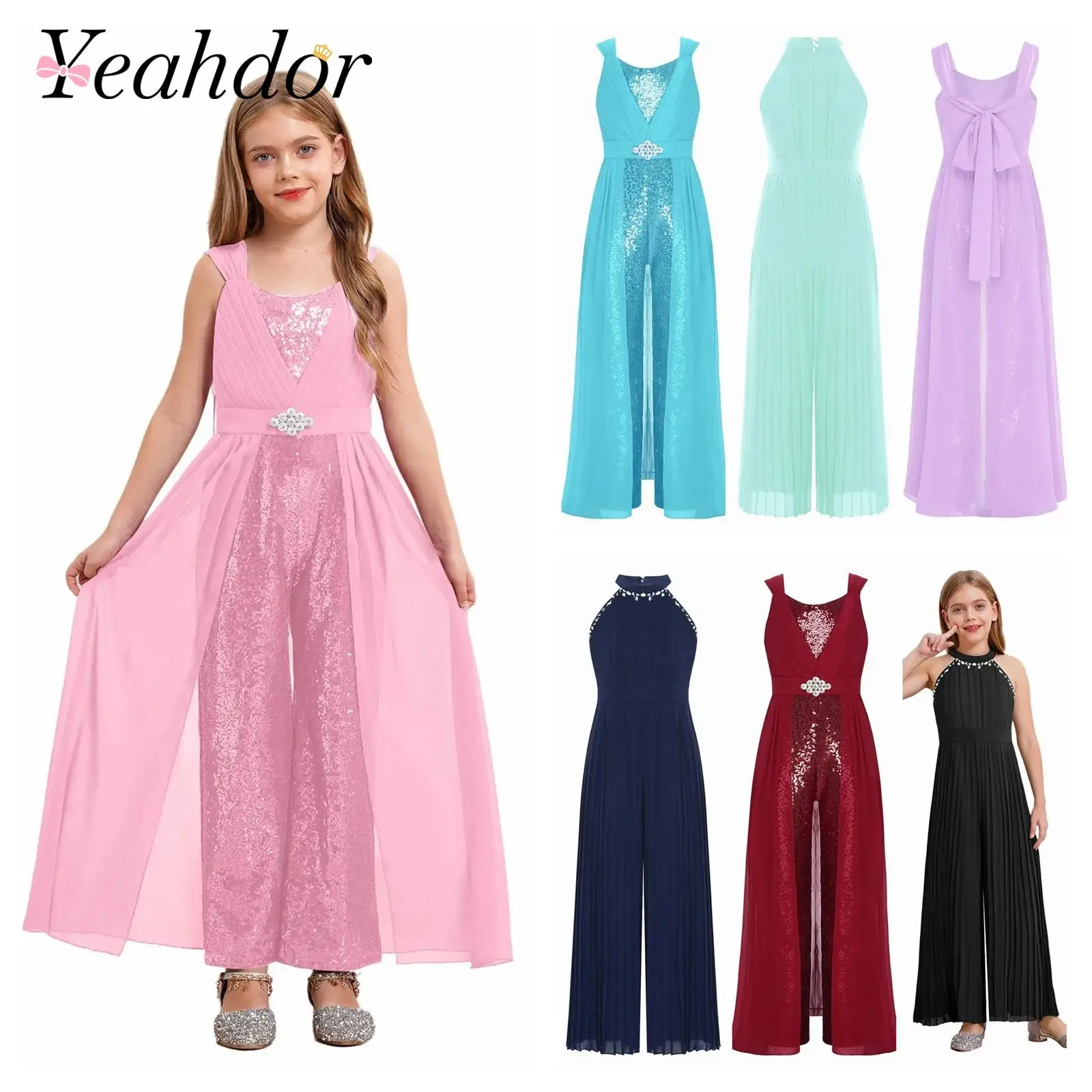 

Elegant Girls Clothes Kids Jumpsuit Wide Leg Pants Fashion Pleated Party Romper Wedding Banquet Costumes Children's Jumpsuits