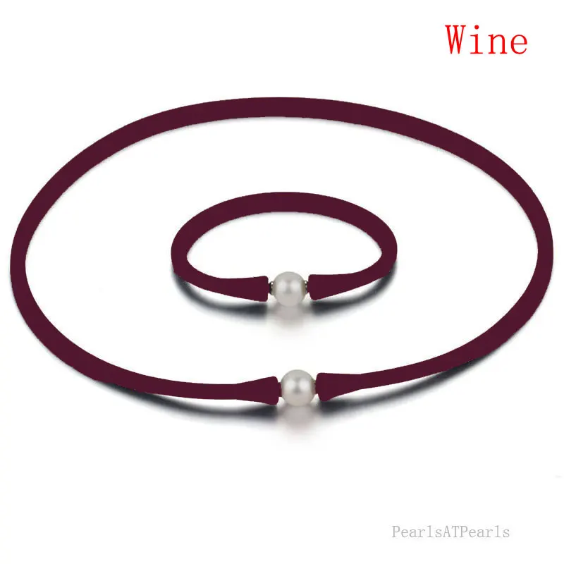 16 inches 10-11mm Natural Pearl Wine Rubber Silicone Necklace & 7 inches Bracelet Jewelry Set