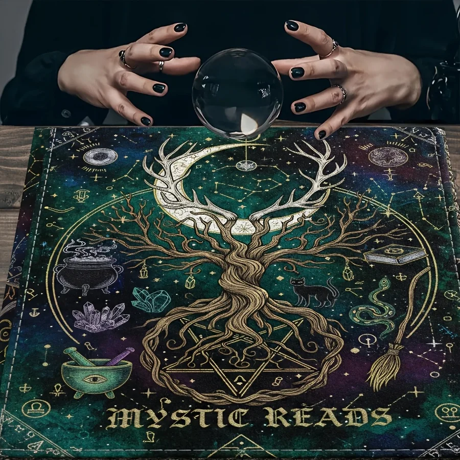 1pc Celestial Altar Cloth, Mythical Moon and Tree‑of‑Life Design, Witch Altar Cloth for Readings, Moon‑phase Ceremonies