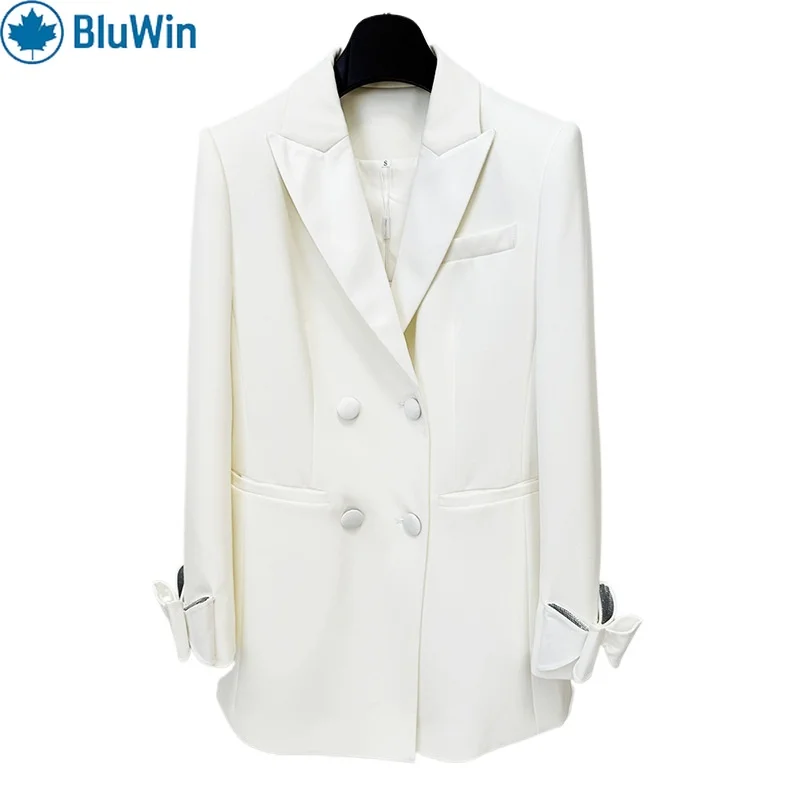 

URBANCHIC Fashion New Double-Breasted Satin Lapel Bow Long Blazer Coat Dress – Elegant Slim Fit Party Workwear