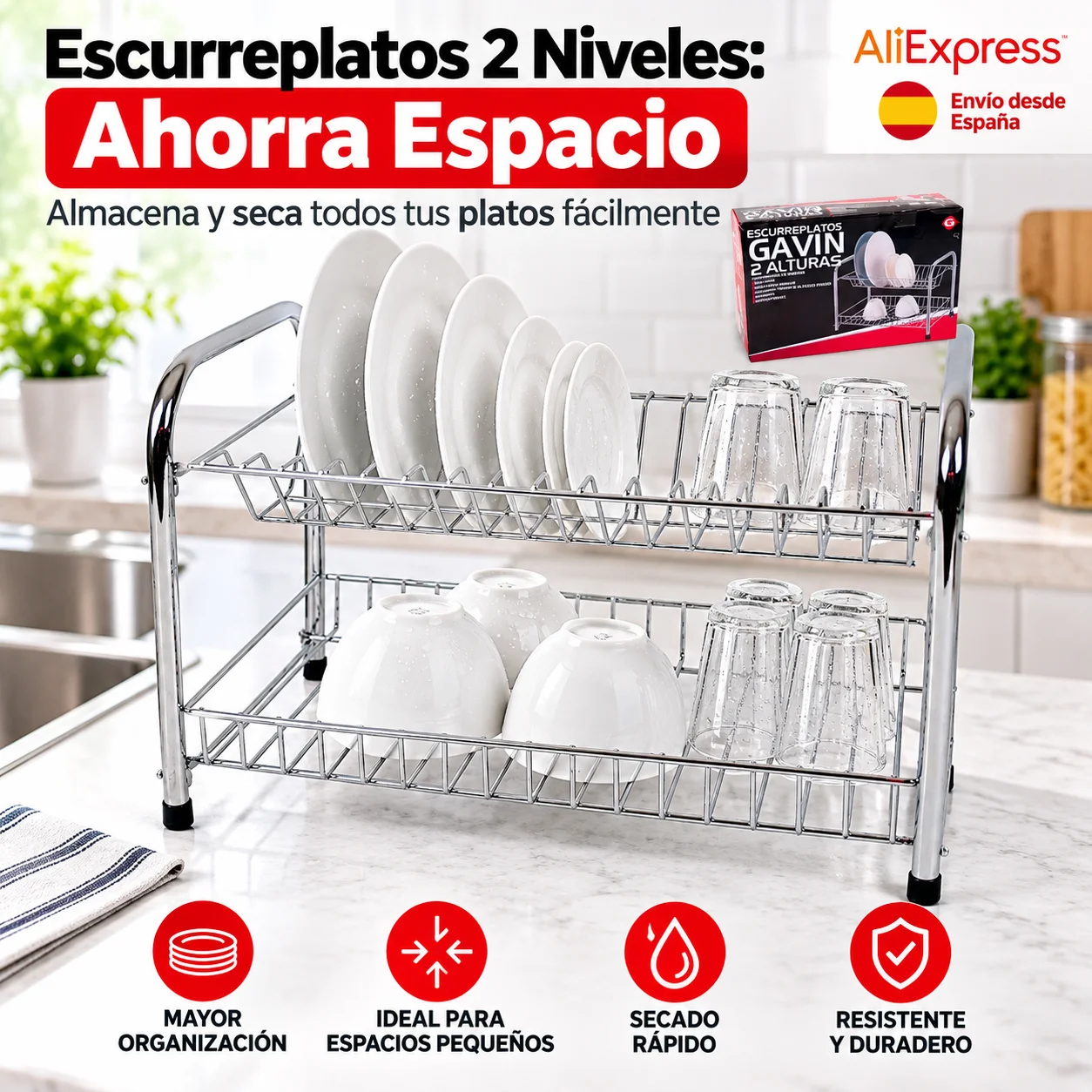 Escurreplatos 2 alturas cromado, escurridor de vajilla para cocina, organizador de platos