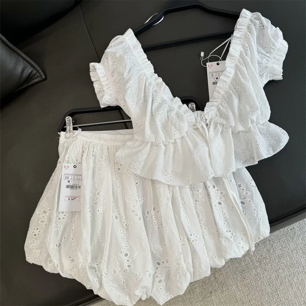 

BMURHMZA Летний новый продукт Женский модный дизайн с краем листьев лотоса Короткий топ с вышитым воздушным шаром Версия Повседневные шорты