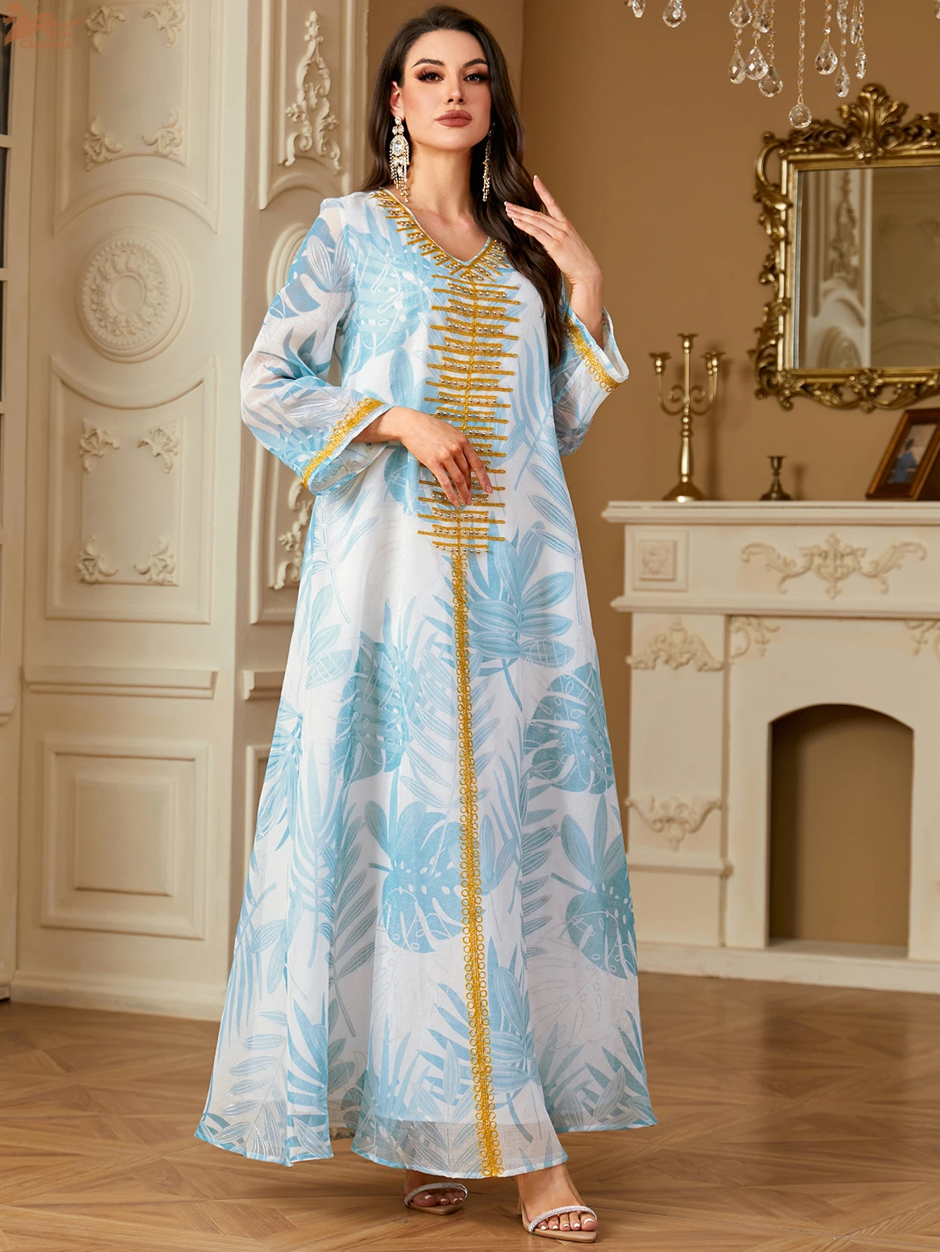 Uni New Dubai Jacquard Maxi Abaya Bordare Caftano Musulmano Abito con maniche a rete Scollo a V 2025