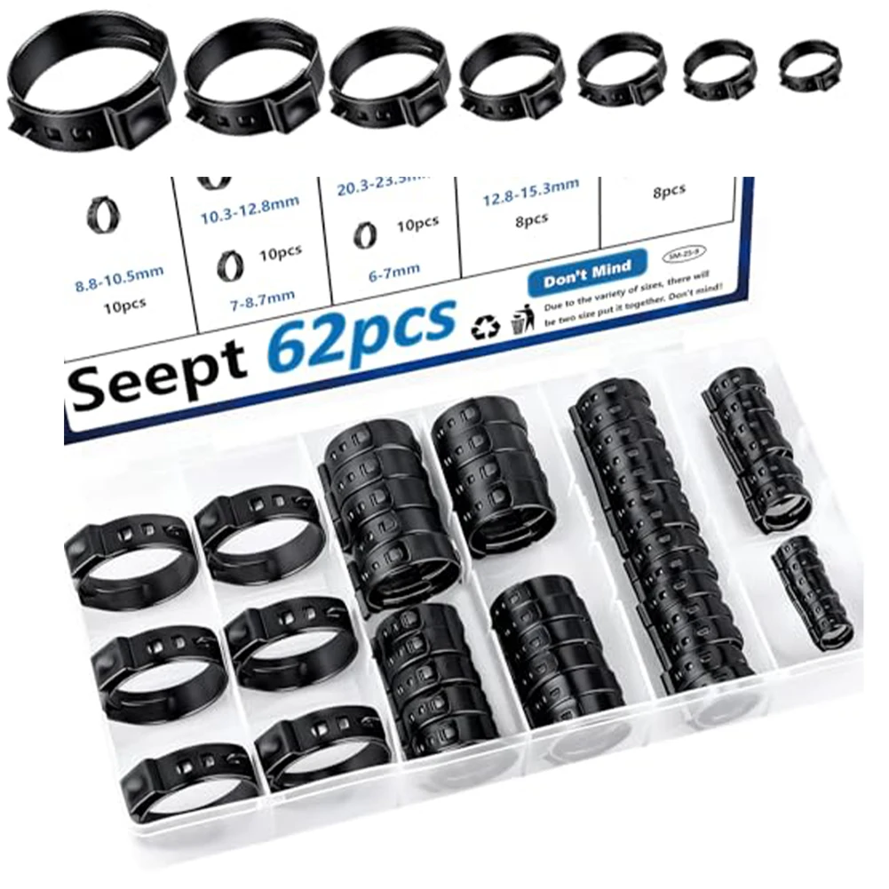 Single Ear Hose Clamp Kit 62 Pieces 6-23.5mm Range Carrying Case With Dividers Versatile Hose Clamps For Plumbing