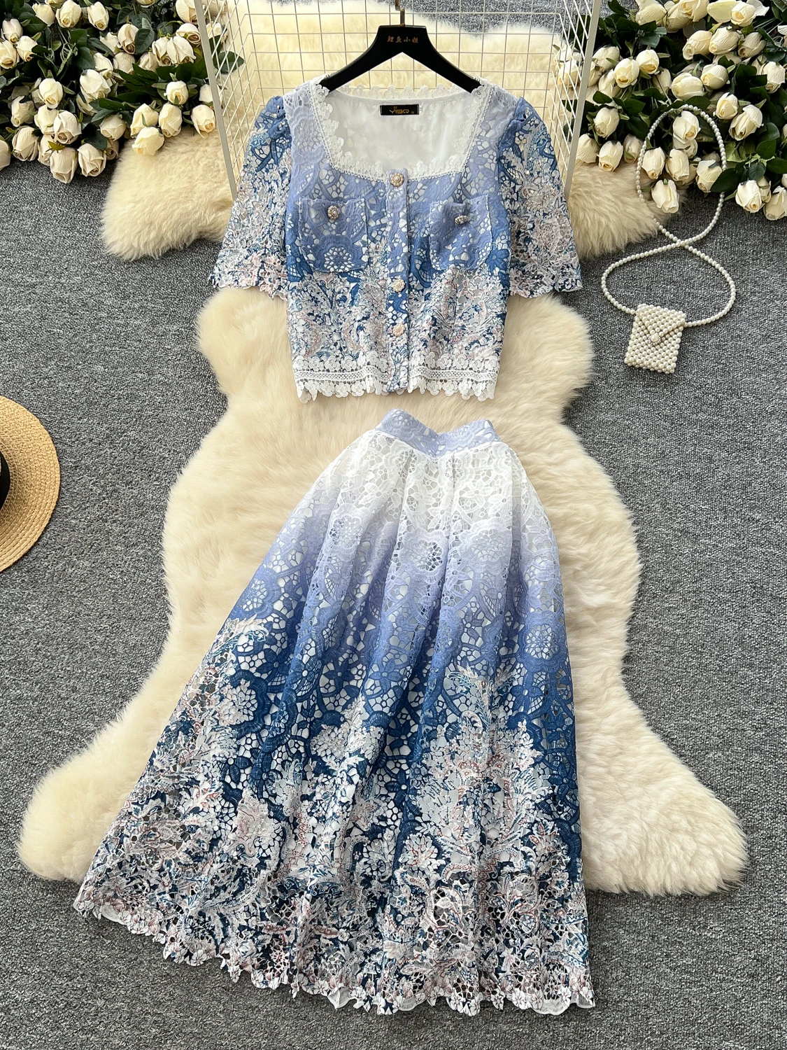 

Women's Summer Lace Splicing Puff Sleeve Embroidered Top + High Waist A-line Half Length Skirt