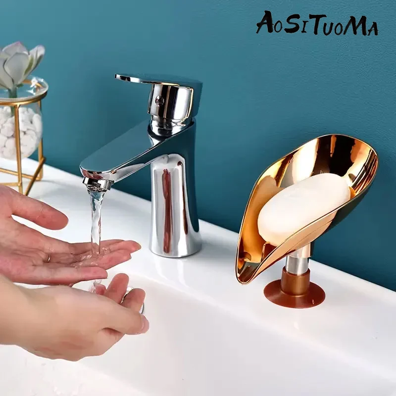 Italian Electroplated Gold Leaf Shaped Soap Dish Bathroom Toilet Perforation-free Drain Soap Rack Soap Box