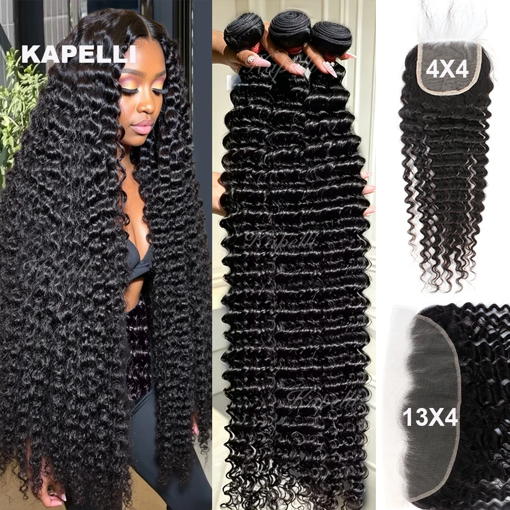 Deep Wave Bundles Human Hair with Closure 4x4 13x4 HD Lace Brazilian Remy 100% Human Hair Curly Bundles Hair Weave Extensions