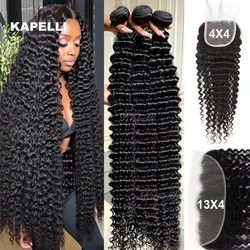 Deep Wave Bundles Human Hair with Closure 4x4 13x4 HD Lace Brazilian Remy 100% Human Hair Curly Bundles Hair Weave Extensions