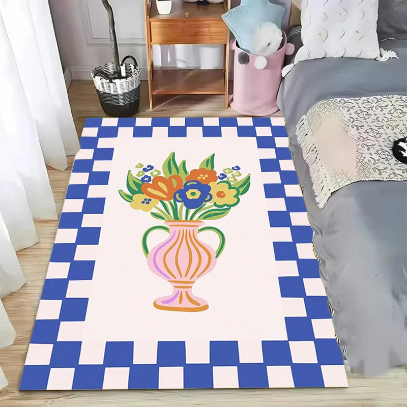 Retro Floral Vase Area Rug Blue Stripe Wavy Border Print Soft Floor Mat for Bedroom Nursery Living Room Colorful Home Decor