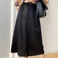 Women Silk Skirt 93% Mulberry Silk 7% Spandex 20 Momme Heavy Silk Solid Black A line Chic Split Front Midi Skirt M L XL M1018