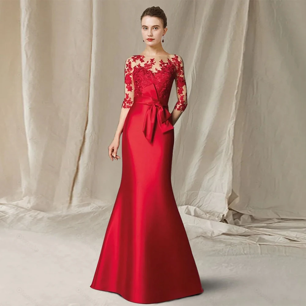 Robe sirène trois quarts en satin rouge pour femme, robes personnalisées pour la mère de la mariée, robe de soirée de mariage avec dentelle, haute qualité