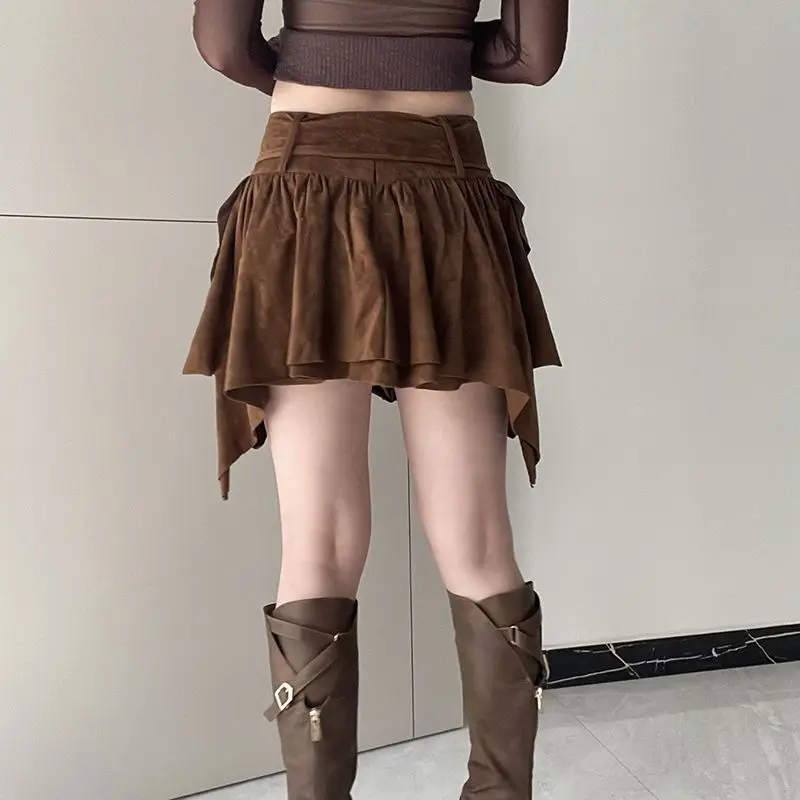 A-Line Skirt Asymmetrical Velvet Solid Casual Sexy Slim Low-Waisted Mini Skirts Women 2024 Summer Fashion Streetwear