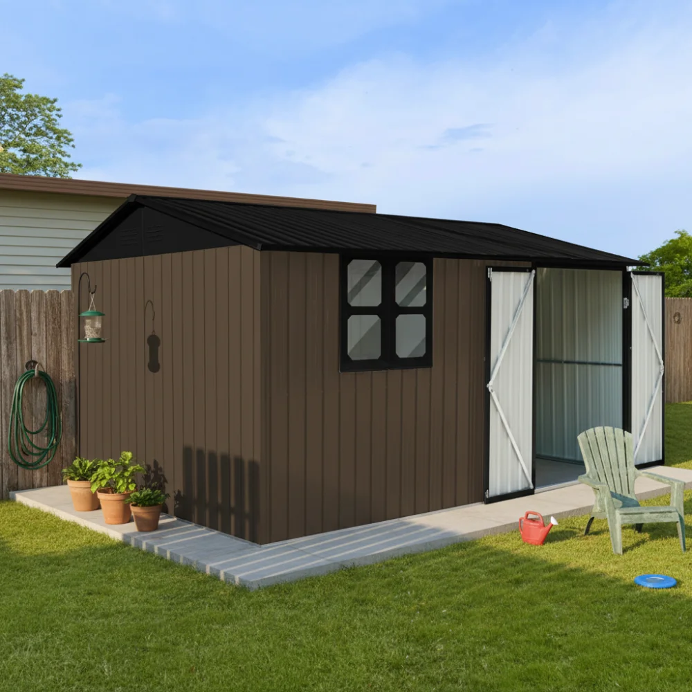

12x10 ft Metal garden sheds outdoor storage sheds brown with window with Goods Shelves