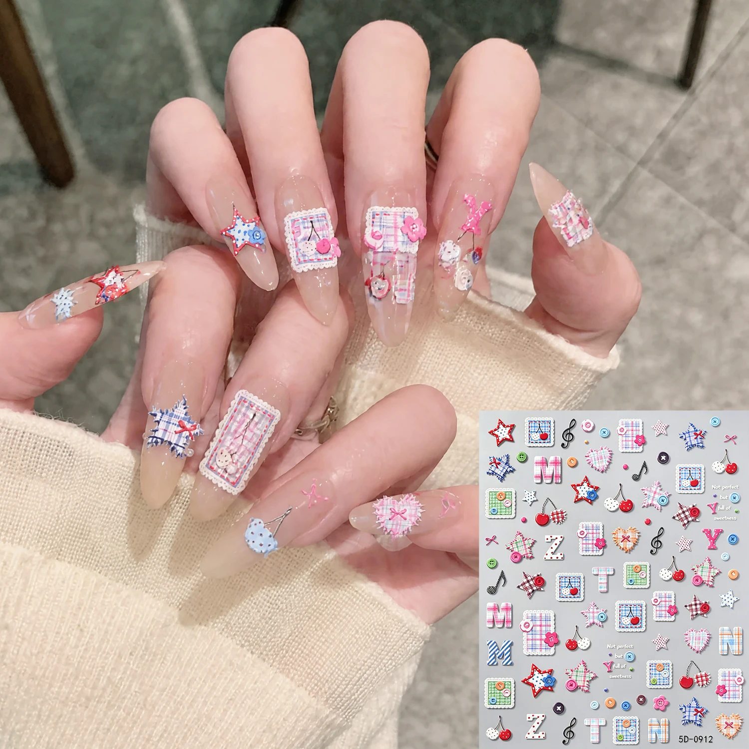 1Pcs 5D Embossed Plaid Star Heart Letter Nail Stickers Checkered Adhesive Nails Decals Cherry Button Music Note Manicure Decor