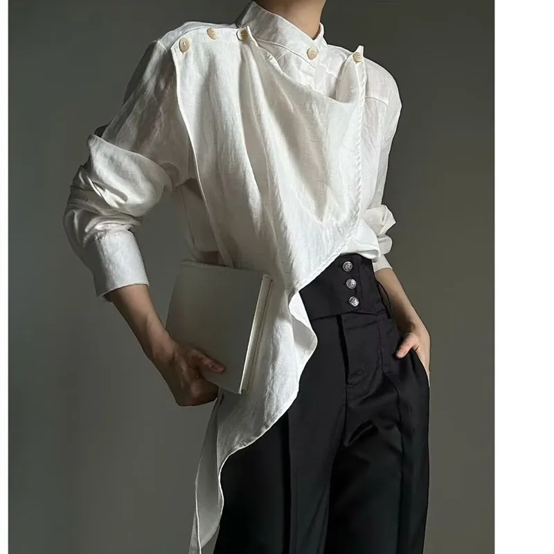 Spring and Autumn New 2026 Shirts Half Turtle Collar Ribbon Scarf Design Niche Long Sleeve Shirts for Men and Women