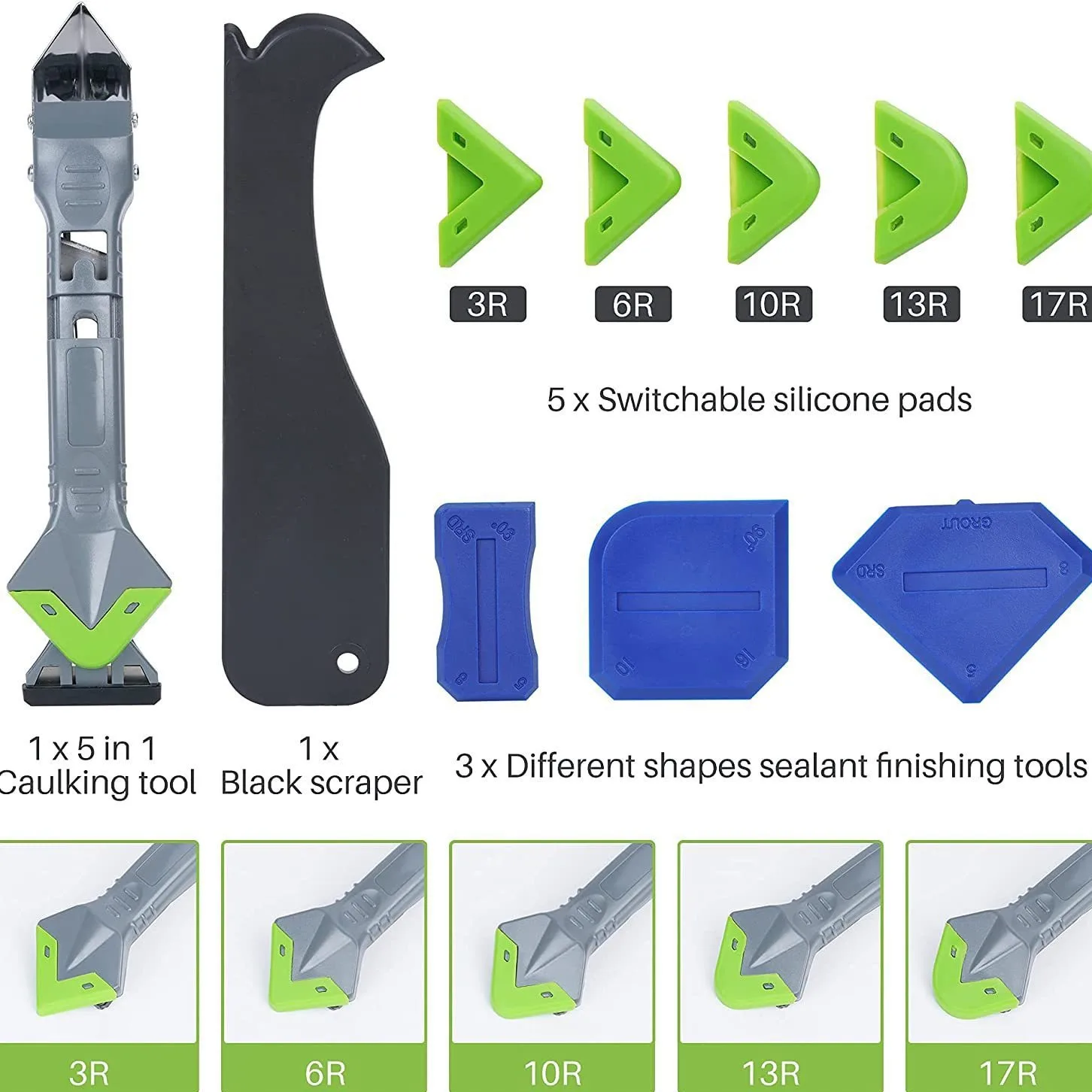 

5 in 1caulk Smoothingand Grouting Tool, Silicone Remover，Sealant Trimming and Removal Tool with Grout Squeegee for Windows, Door