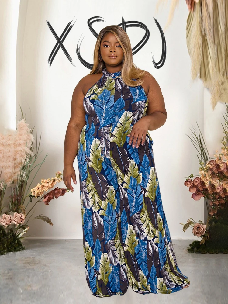 Kombinezon jednoczęściowy Plus Size dla kobiet 3xl 4xl 5xl 6xl jednoczęściowy kombinezon z szeroką nogawką długi elegancki Halter kombinezon