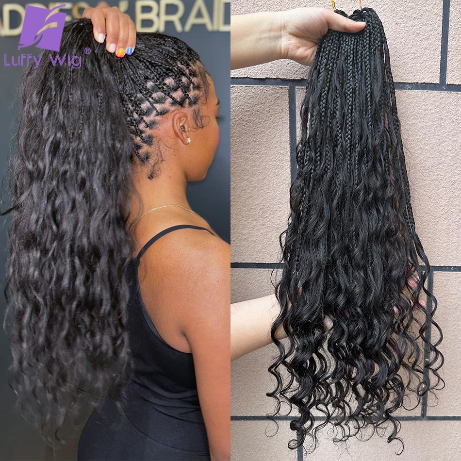 

Water Wave Crochet Boho Box Braids With Human Hair Curls Synthetic Braiding Hair Pre Looped Crochet Hair Bohemian With Curly End