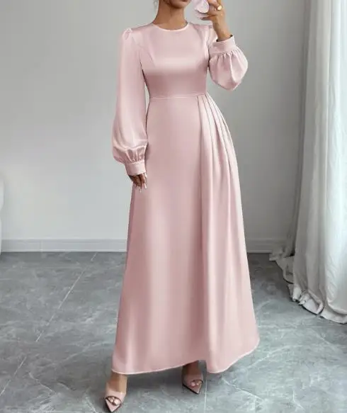 

Simple and Fashionable Summer Long Sleeved Dress with Solid Color Round Neck, Waist Cinched, Pleated A-Line Long Sleeved Dress