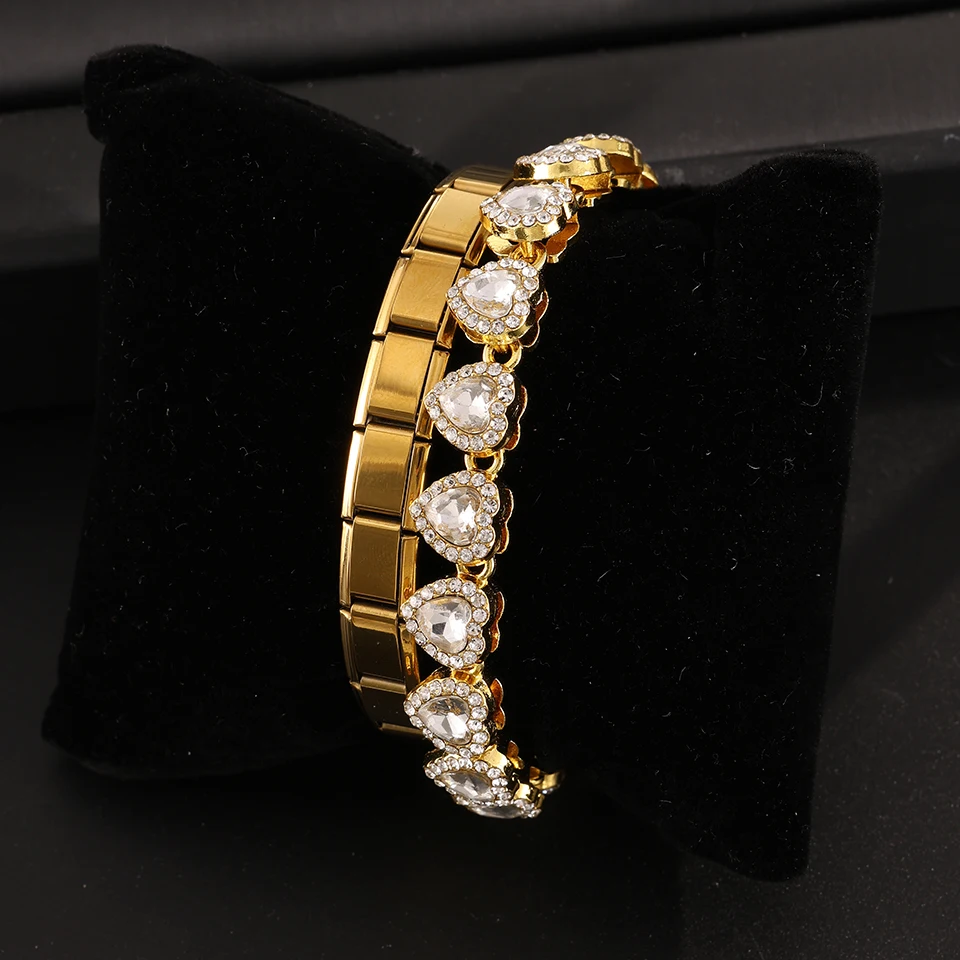 ZAKOL 2 Stück/Set Hip-Hop-Armband-Set mit glänzendem, herzförmigem Strass-Modul für Damen und Herren, trendiges Accessoires-Geschenk