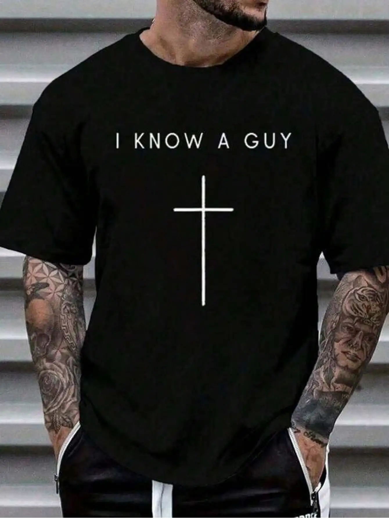1pc Mens Clothes Cross Inscription Print Black TShirt, Unisex Casual Crew Neck Tshirt, Plus Size Men's Clothing 5XL, Lightweight 180gsm Knit Fabric, image 2