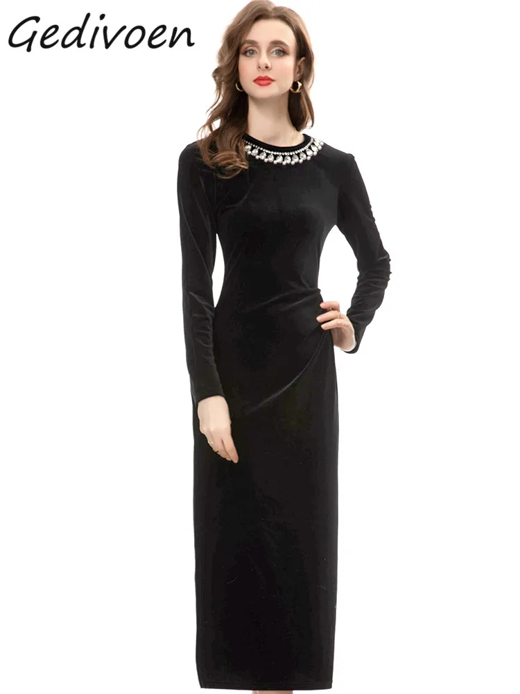

Gedivoen Autumn Fashion Designer Black Vintage Luxury Dress Women's O Neck Backless Diamond Beading High Waist Slim Long Dress