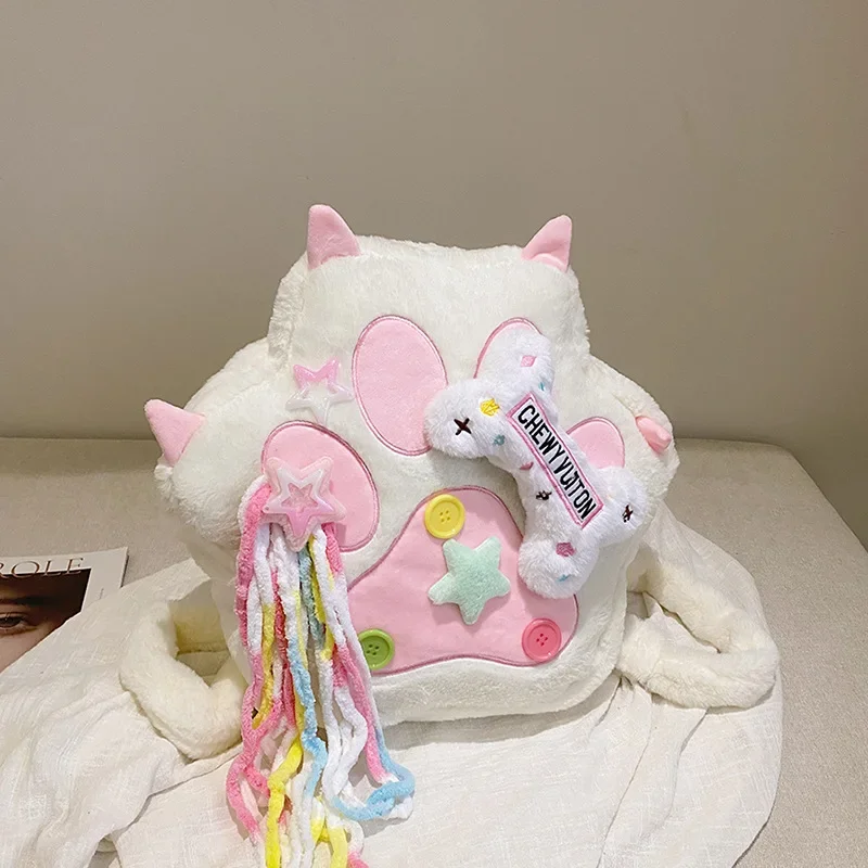 Bolso cruzado de felpa con pata de borla y estrella para niñas, dulce dopamina, estilo coreano, regalo de felpa para niñas, bolso relleno de dibujos animados Ins