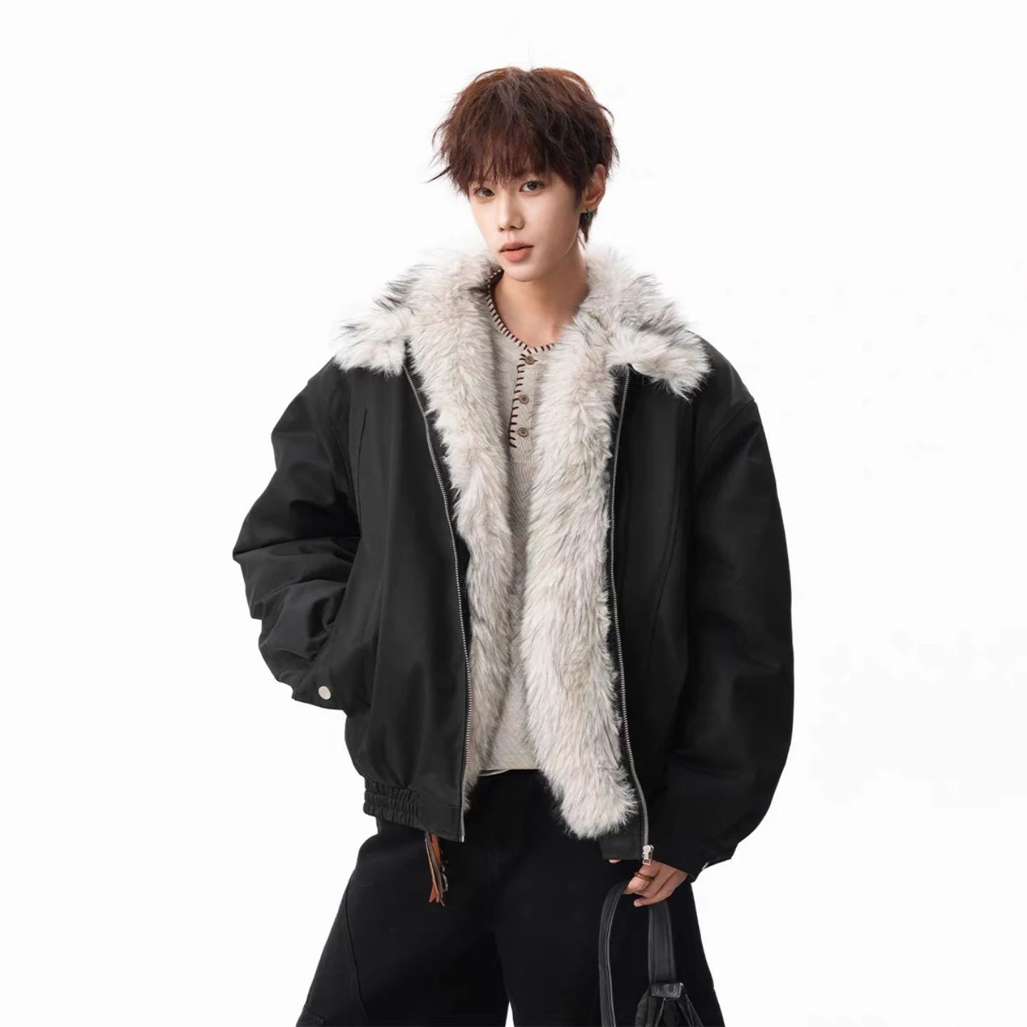 

American High Street Sle Thiened Wolf Fur Collar Cotton Jaet Men's Winter Loose High End Warm ort Wide Cotton Coat