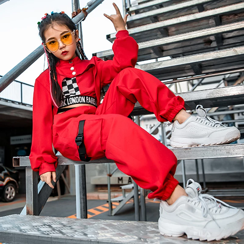 Winter Long Sleeve Red Tops Pants Vest Stage Perform Drum Hip Hop Clothing Girls Street Dance Wear Clothes Jazz Dancing Costumes