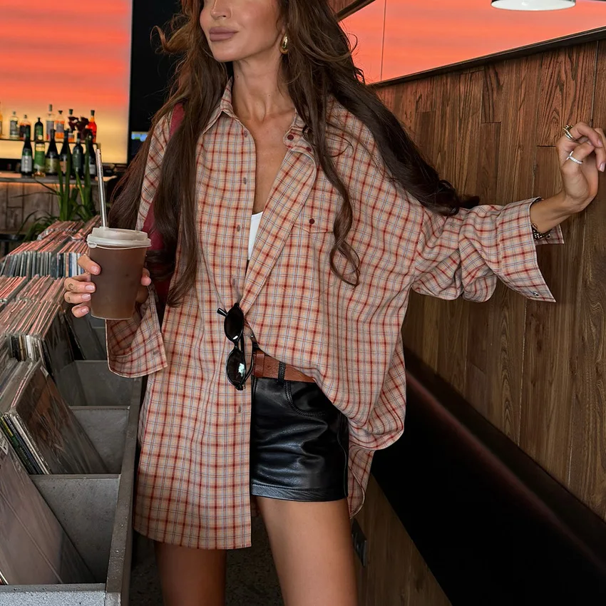 

Zeyla Women's 2025 Autumn Vintage Plaid Oversized Shirt - Long Sleeve Edgy Streetwear Elegant Casual Commute Top