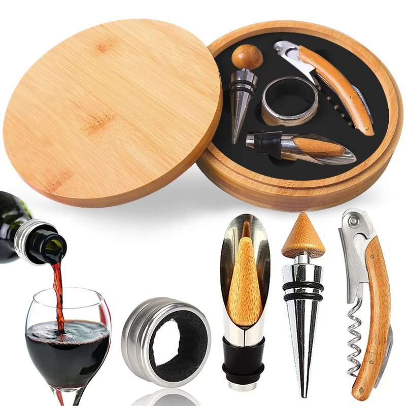 Multi Functional Red Wine Bottle Opener Set Stainless Steel Shrimp Knife Pouring Device Drip Stop Ring Wine Set Bamboo Gift Box