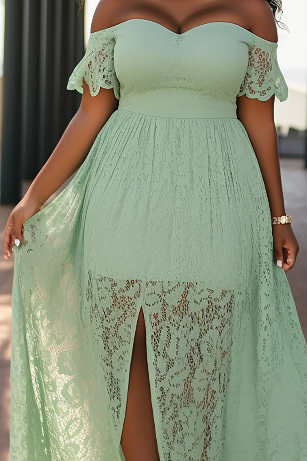 Plus Size Vacation Green Off The Shoulder Split Lace Maxi Dresses