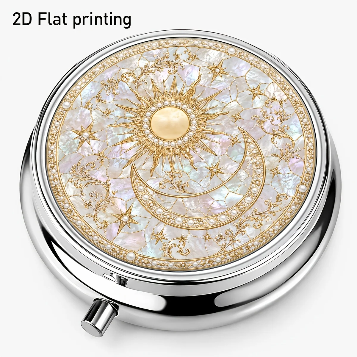 Platinum Sun, Moon, and Star Patterned Round Metal Pill Box, Three-Compartment Portable Storage Box, with Divided Design for Easy Classification of Pills, Vitamins, and Small Accessories, Suitable for Travel, Daily Use, Home, and Outdoor Carry, Durable and Aesthetically Pleasing, Creative Gift.
