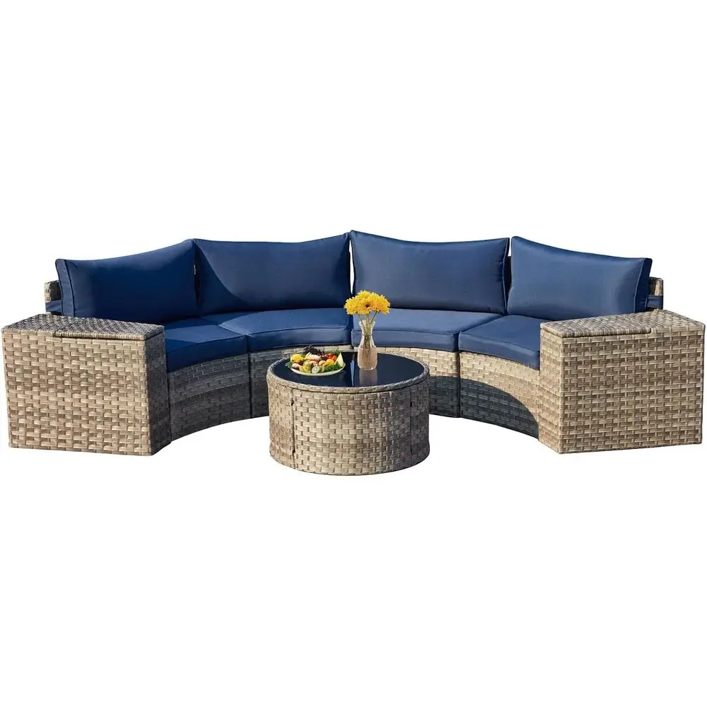 

Outdoor Half Moon Furniture, Wicker Patio Sectional Conversation Set with 2 Storage Armrests and Circle Glass Table, Gray Rattan