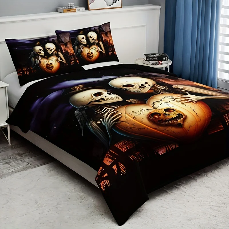 3pcs Gothic Castle Skull Print Bedding Set - Soft, Breathable & Comfortable Duvet Cover for Bedroom, Guest Room & Dorm