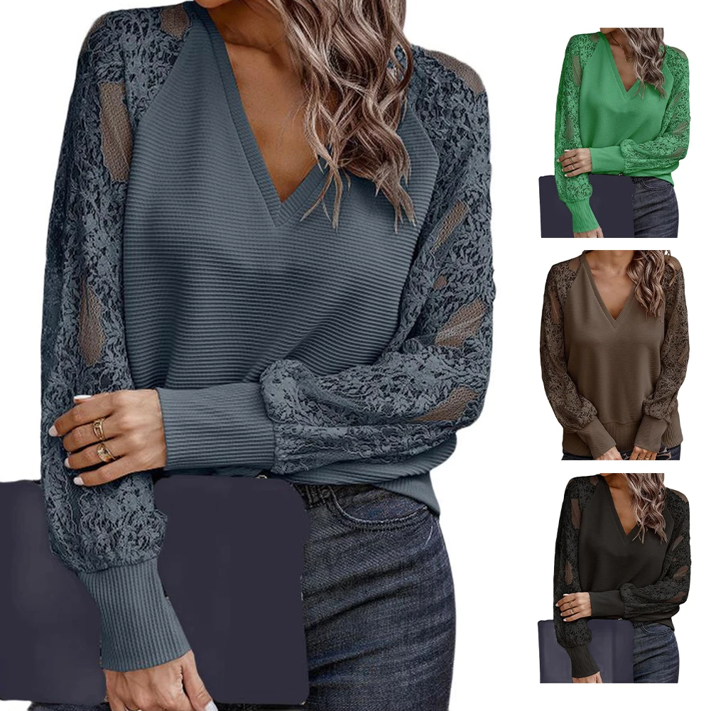 

Women Casual Long Sleeve V-neck Lace Elegant Daily Spliced Lace Autumn Solid Top