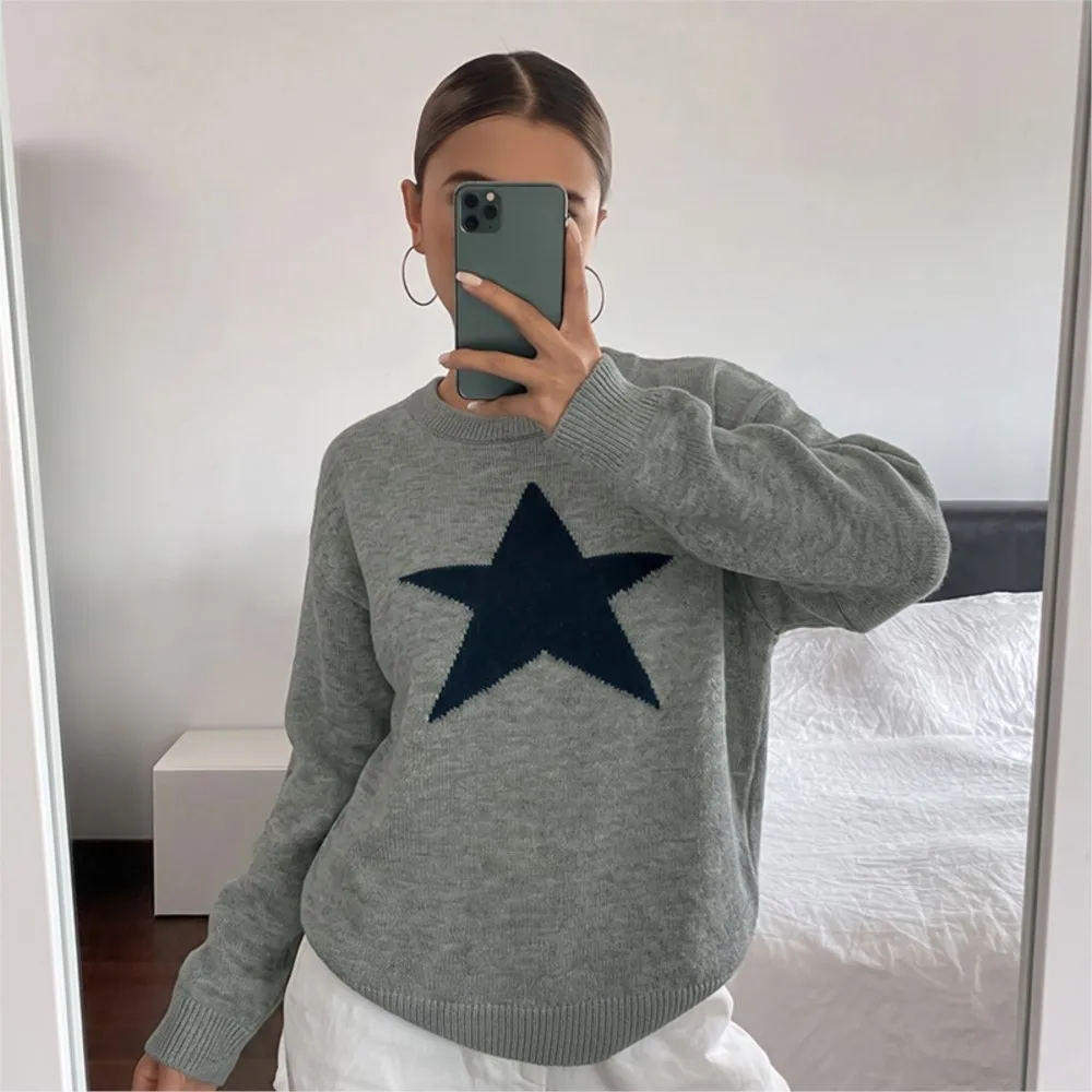 MsChuh All-match Loose Simple Style Sweater Winter Clothes Woman Pulls Femmes Daily Commuting Lazy Five-pointed Star Solid Color