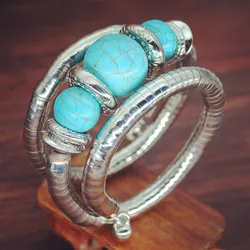 2023 New Fashion Turquoise   Snake Bangle Bracelets For Women Vintage Multilayer Metal Ethnic Jewelry