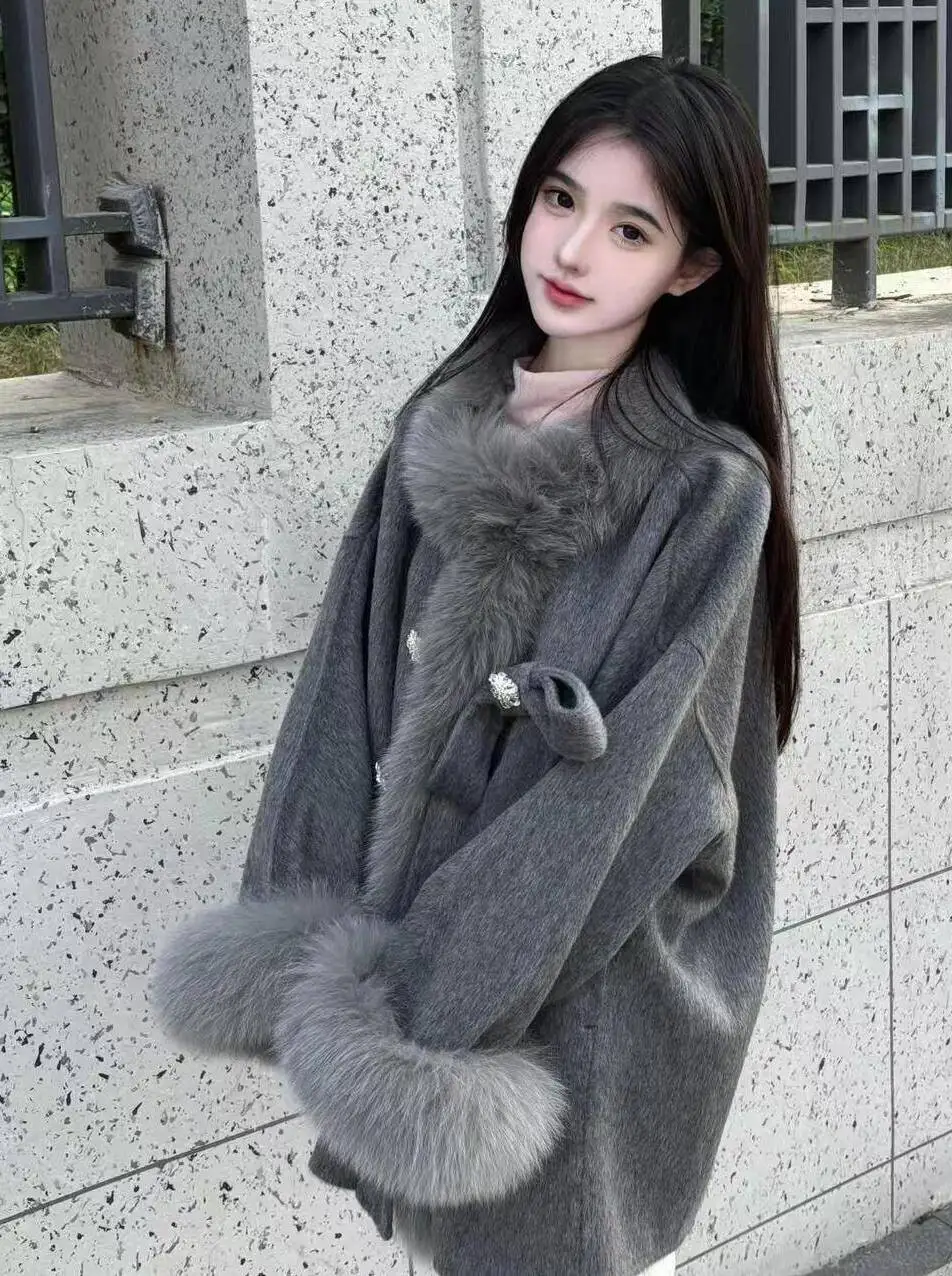 

Wool Blend Coats Womens Woolen Coat Korean Style Woman Winter Chenille Velvet Patterned Buttoned Zippered Stand-Up Collar Casual