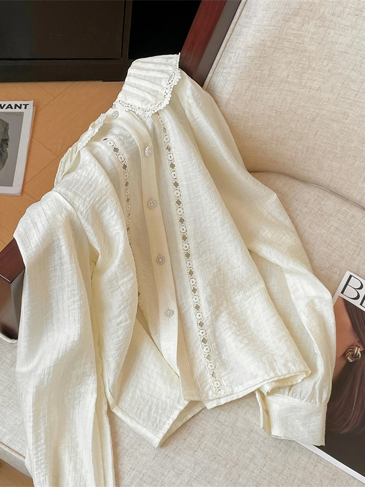 여성용 피터팬 칼라 셔츠 및 블라우스 Y2k 빈티지 한국 하라주쿠 2000 년대 우아한 긴팔 셔츠, 쓰레기 같은 큐티코어 의류