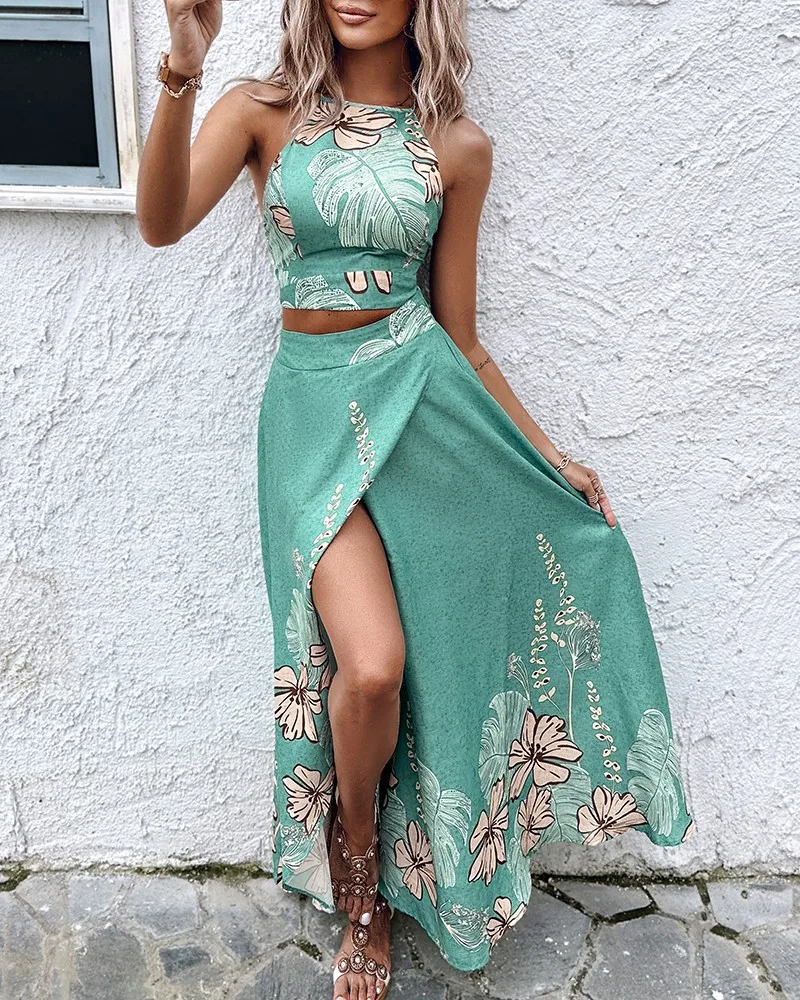 Summer 2PCS Women Allover Print Lace Up Halter Crop Backless Tops and Flare Slit Maxi Vacation Sets