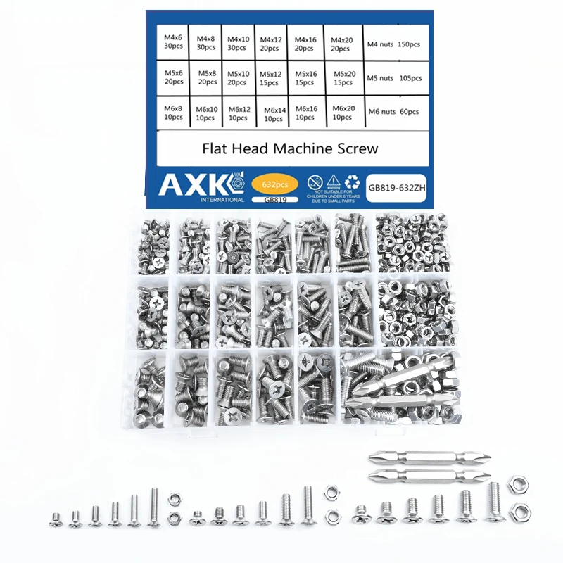 AXK  Phillips Flat Head Screw Set M4-M8 Stainless Steel Countersunk Flat Head Machine Screw Nut Assortment Repairing Kit