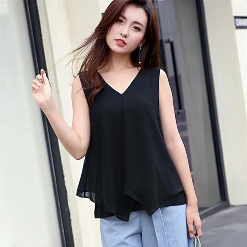 Women Sleeveless Chiffon Tank Top Plus size Casual Blouse Pleated Big Swing Chiffon Shirts camisa blusen damen  blouse large