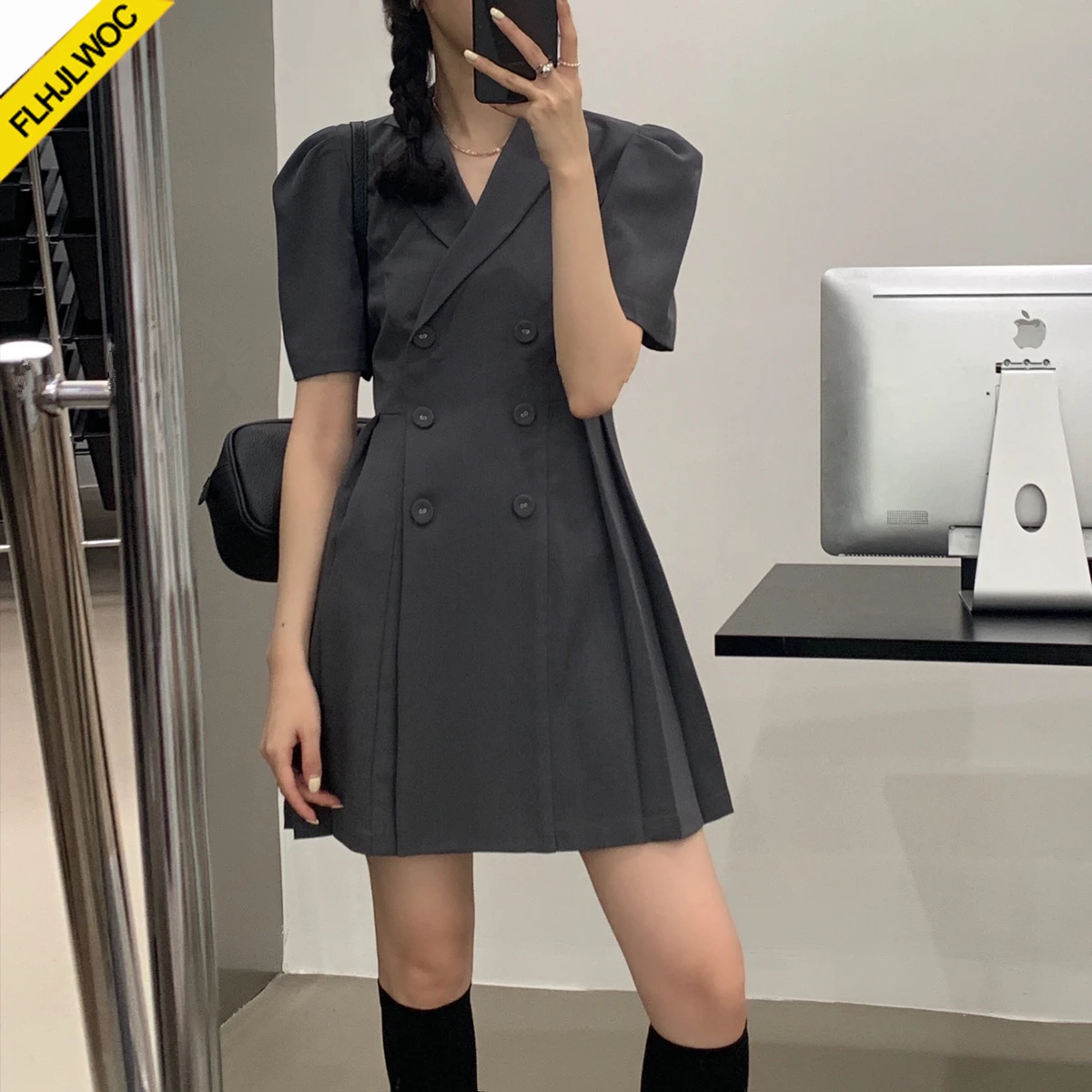 Hot New Design Korean Style High Street Womens Fashion Cute Elegant Office Lady Double Breasted Button Notched Mini Blazer Dress