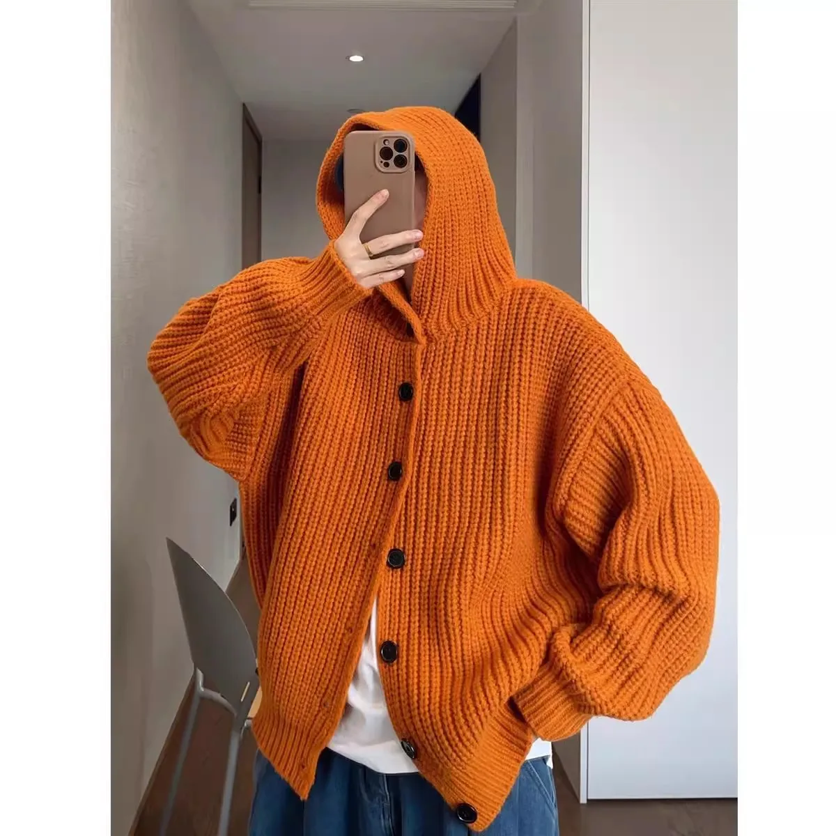

Retro Large Size Men's Knitted Sweater with Button Thiened Knitwear Autumn Winter Open Cardigan Hooded Polyester Fiber